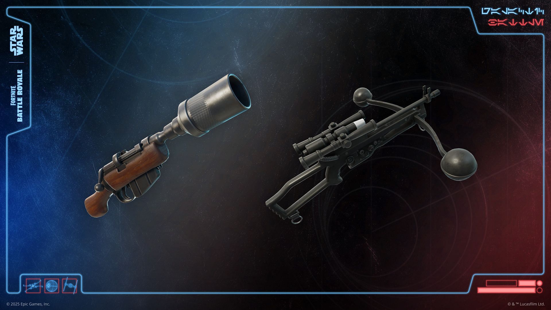 Wookiee Bowcaster and CA-87 Jawa Scatter Blaster in Fortnite (Image via Epic Games)